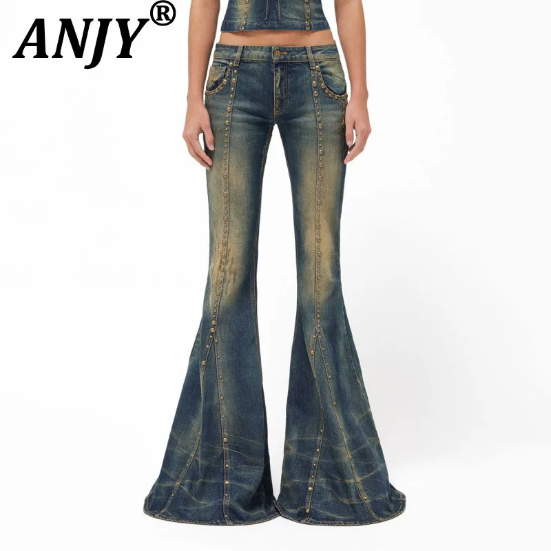 

ANJY Autumn New Women Chic Flared Jeans Low Waisted Riveted Distressed Vintage Elegant Fashion Y2K High Street Denim Pants A9605