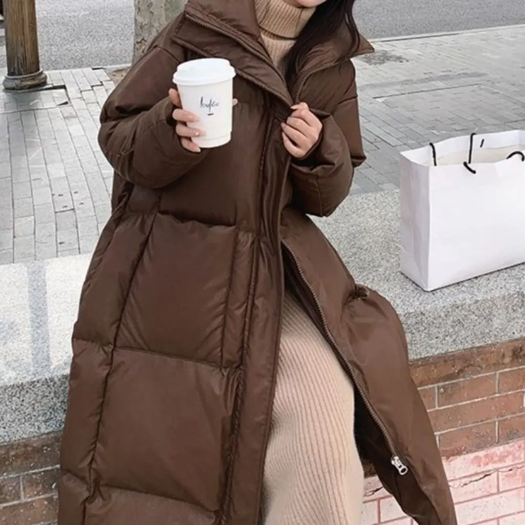 

Coffee-Colored Women's Mid-Length Stand-Up Collar Cotton Outwear Korean Style Thickened PU Cotton Autumn Winter Street-Friendly