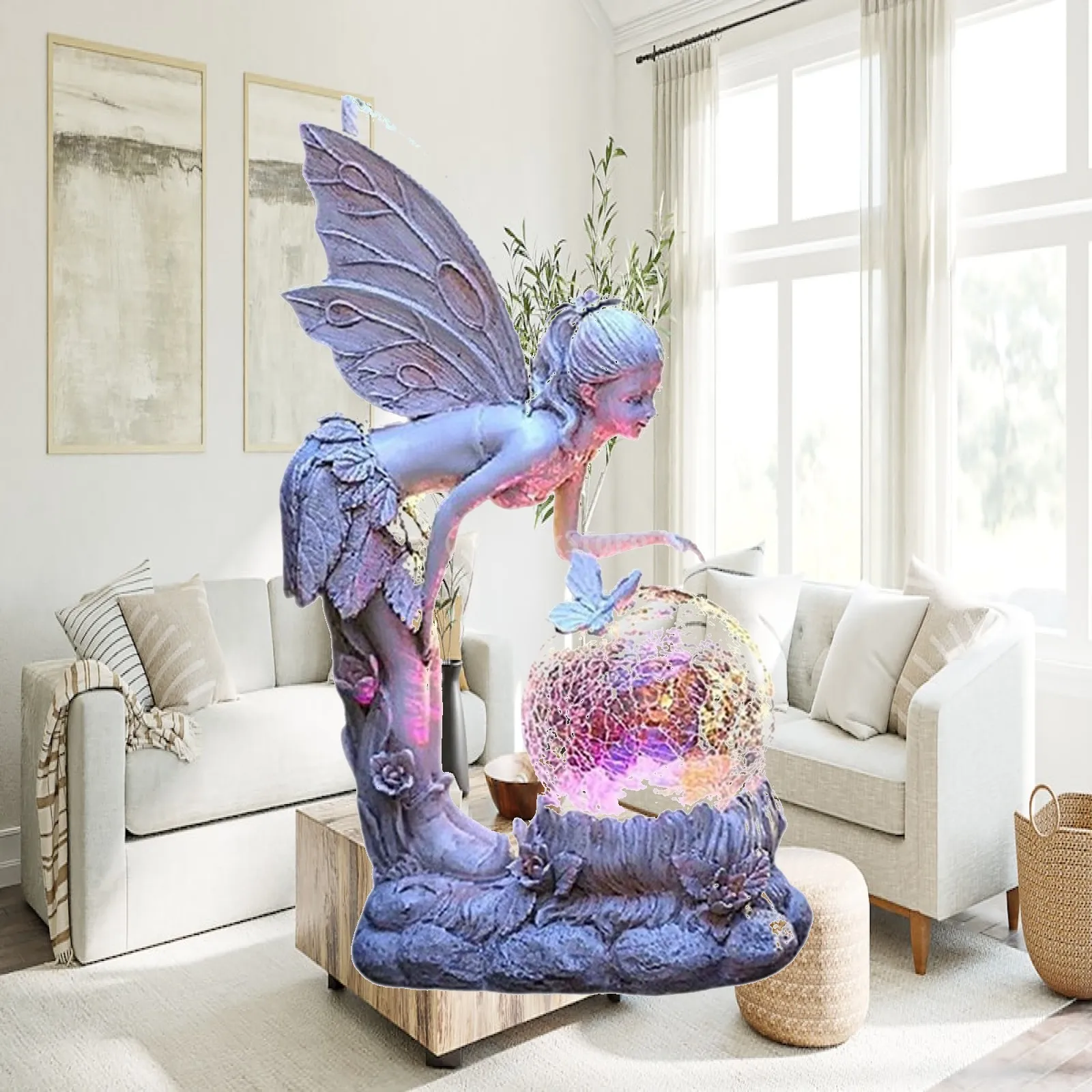 Fairy Angel Figurine with Solar Powered Light Cherub Sculpture for Patio Balcony