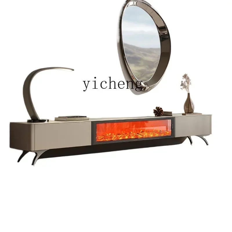 b9.21-Luxury Style TV Cabinet and Tea Table High-Grade Cave Stone Stone Plate Curio Cabinet 3D Flame Living Room Saddle Leather