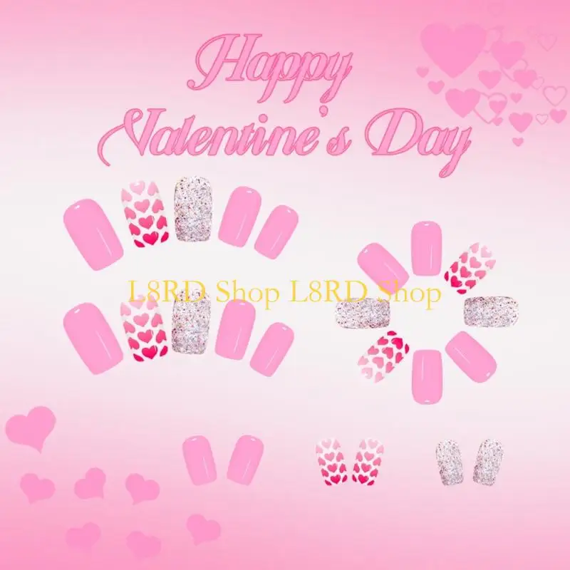 L8RD 24Pcs French Tip False Glossy Pink Heart Design Short Artificial for Valentine Party Artificial Fingernails