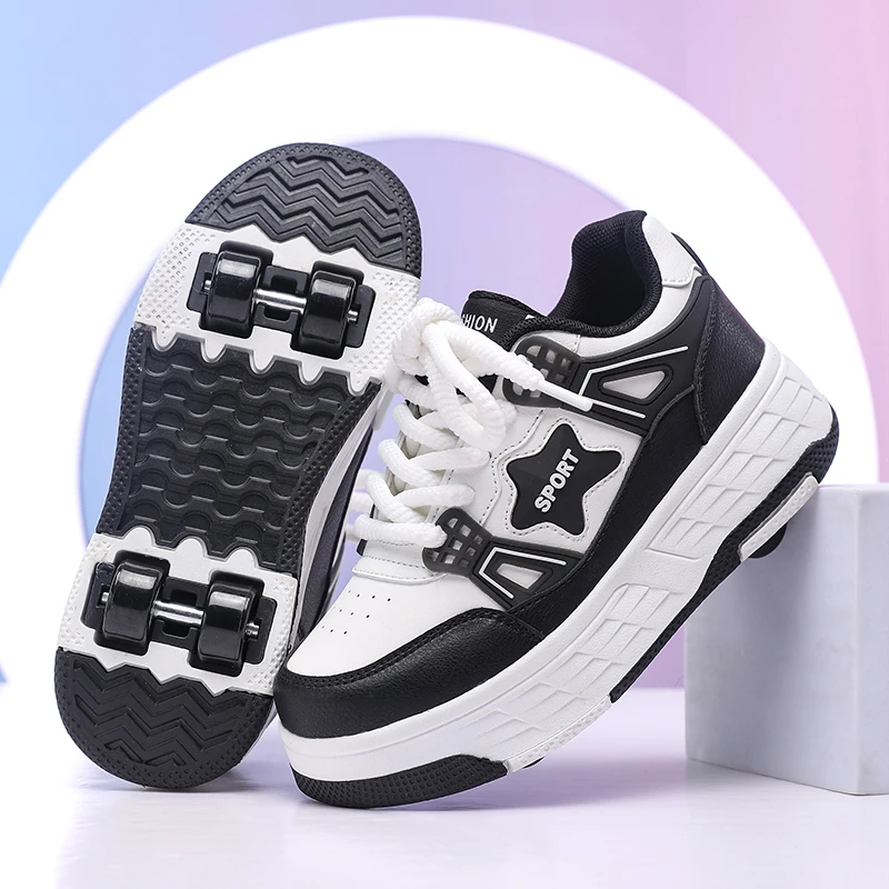 

Детские роликовые кроссовки на четырех колесах со светящимися элементами, съемными колесами и светящейся палочкой для подростков