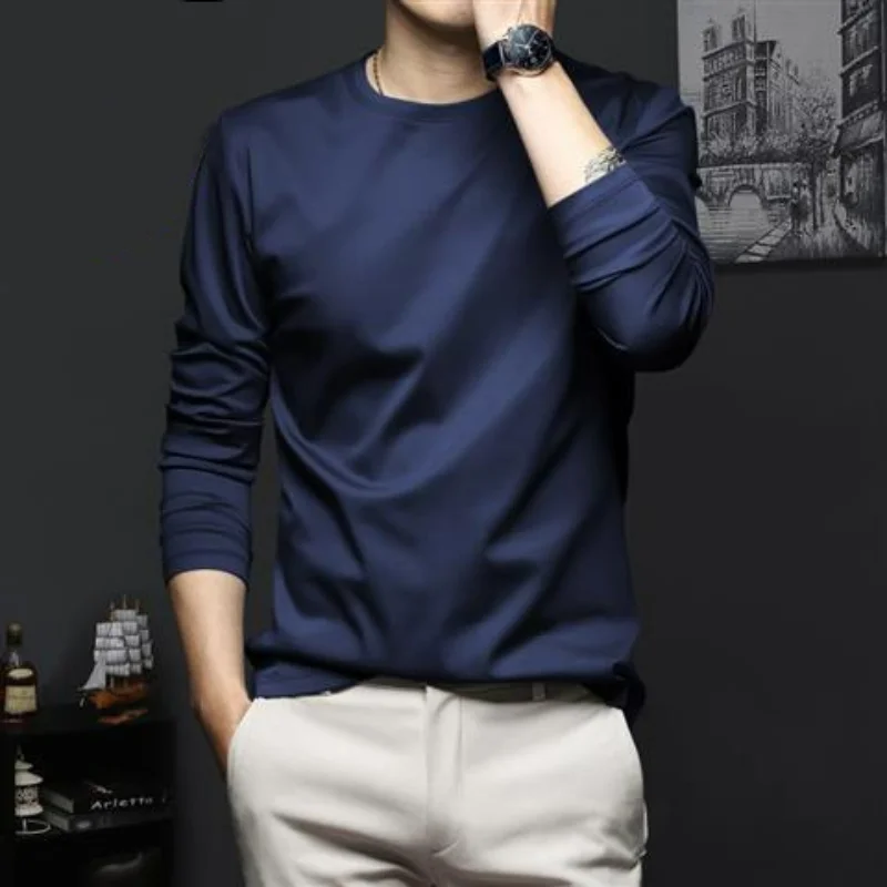 Camiseta de seda de hielo para hombre, prenda informal coreana, versátil, de manga larga, con cuello en V, delgada, a la moda, novedad de otoño,