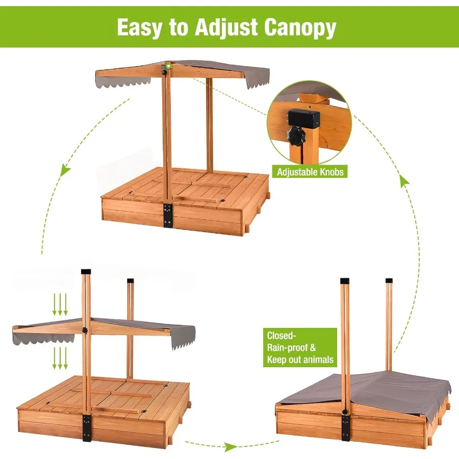 Wooden Outdoor Sandbox w Canopy 2 Foldable Bench Seats Retractable Roof Sand Protection Liner 47x47Inch