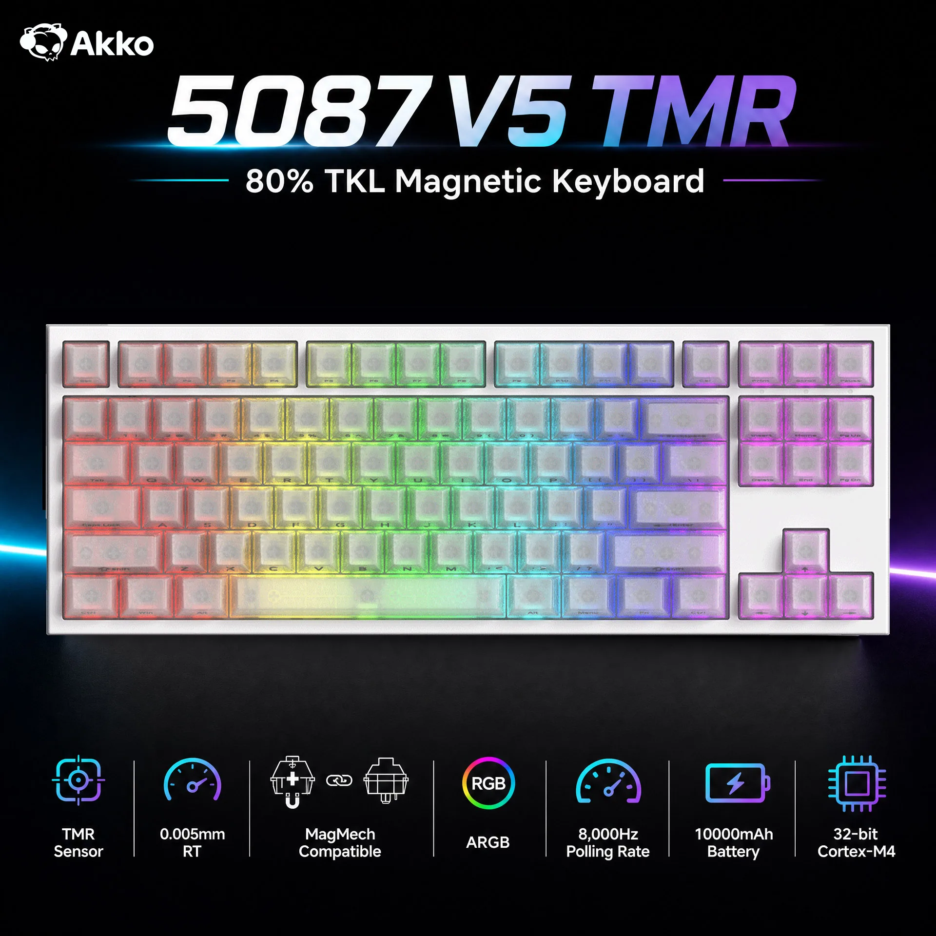 Akko TMR マグネティックキーボード 5087 V5 88キー TKLレイアウト ARGB ホットスワップ対応 フルレンジRT 0.005mm デュアル8K トリプルモード ゲーミングキーボード