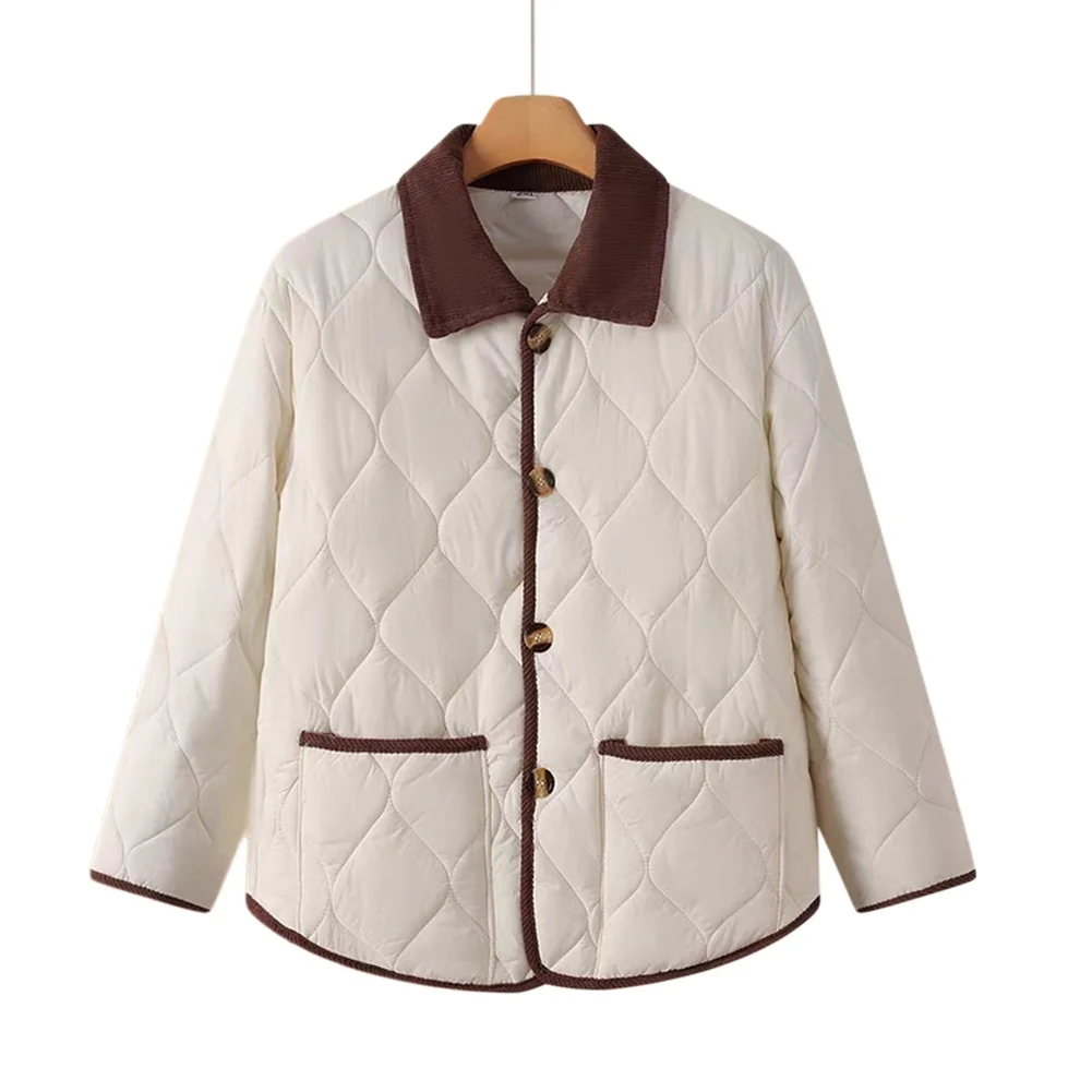 Womens Regular Fit Corduroy Jacket Solid Color Wavy Quilted Pattern Polyester Blend Lapel Contrast Trim Lightweight