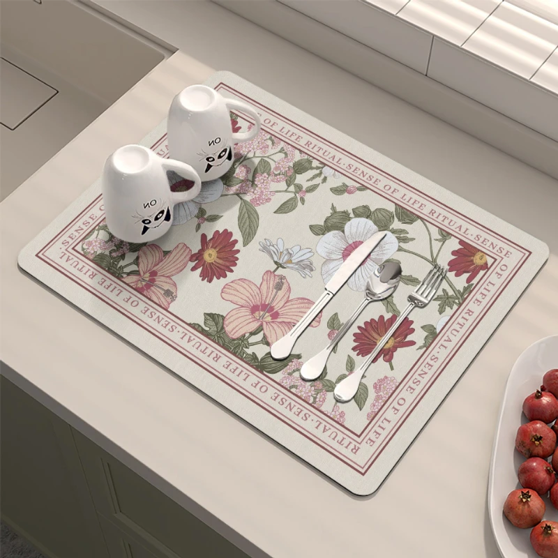 VIKAMA Kitchen Drain Mat Vintage Floral RITUAL SENSE OF LIFE Print Non Slip Absorbent Washable Easy Clean Quick Dry Waterproof