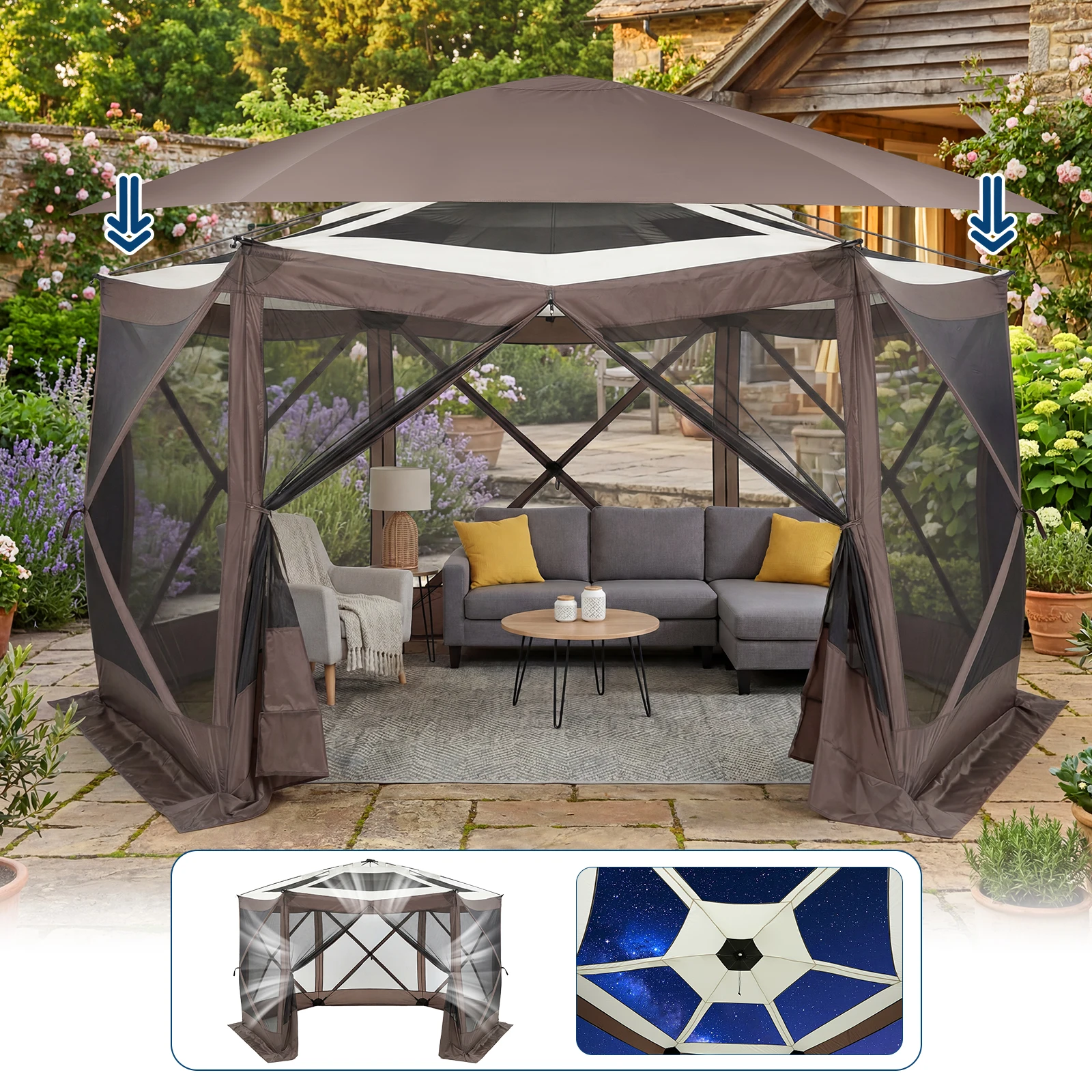 13x13FT 6-Sided Collapsible Gazebo Tent – Quick Canopy, Removable Wind Panels, Bite-Proof Mesh, Carry Bag, Sun Shelter for 8-10 – Available in Beige/Khaki or Green/Light Grey