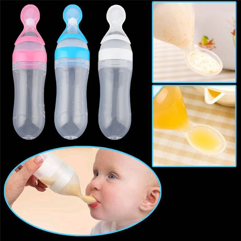 New Squeezing Feeding Bottle Silicone Newborn Baby Training Rice Spoon Infant Cereal Food Supplement Feeder Safe Tableware Tools