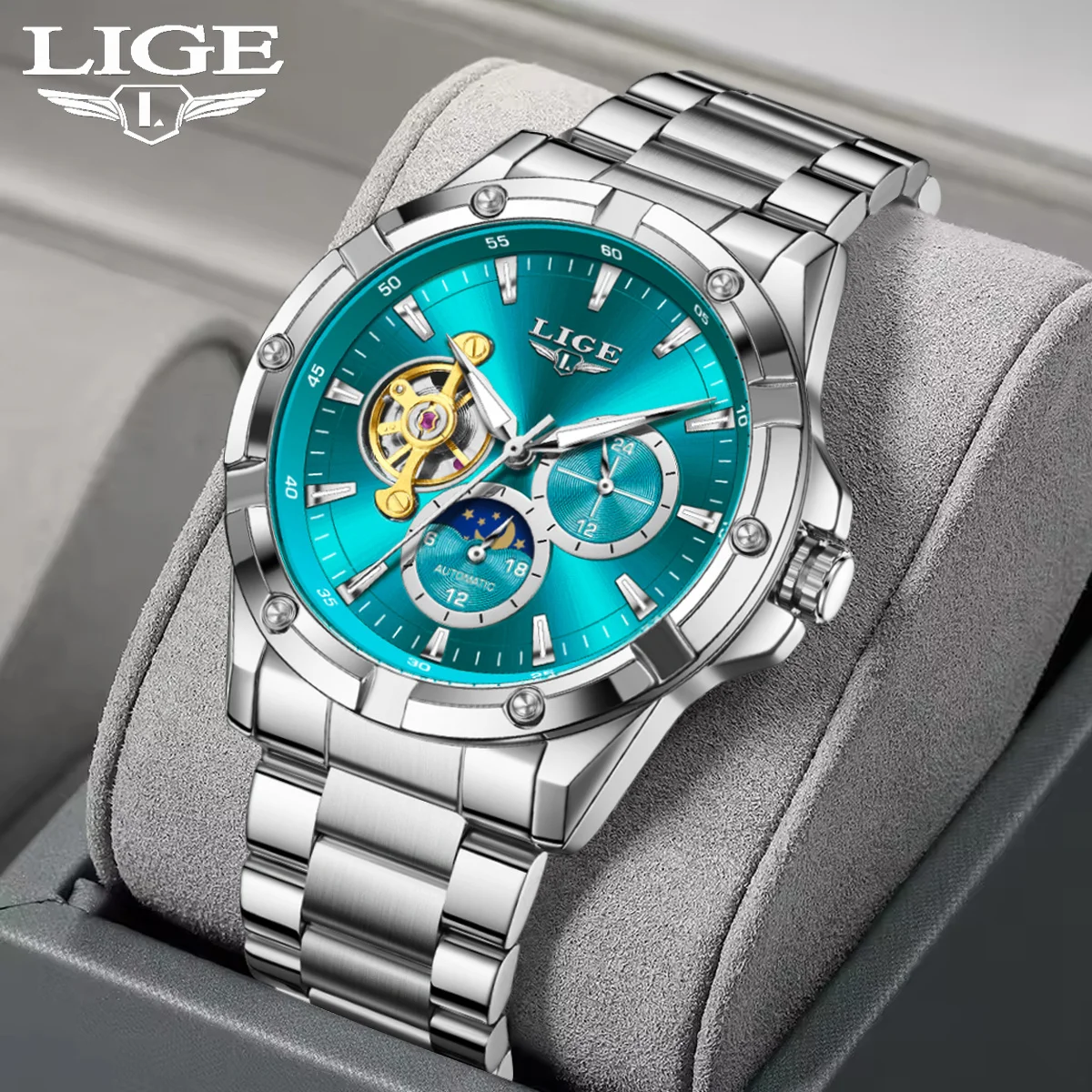 

LIGE Men's Automatic Mechanical Watches Luxury Stainless Steel Waterproof Business Clock Fashion Moon Phase Tourbillon Man Watch