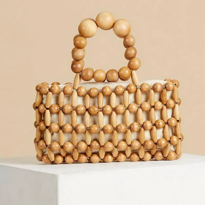 Sac à main tissé en paille pour femmes, fourre-tout de grande capacité, sac de plage en perles de bois, sacoche de vacances à la mode, été