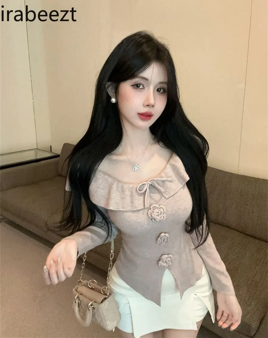 Sweet & Spicy Knit Top for Women Cute Bowknot & Ruffled Blouse with Floral Embroidery Cute & Sexy Long Sleeve Crop Top Wear