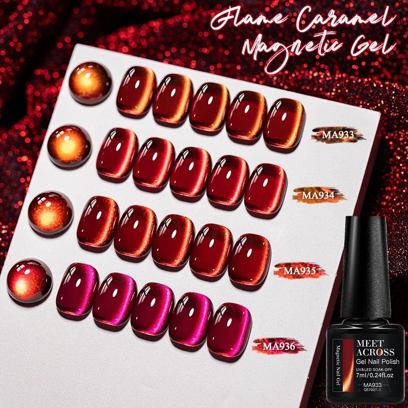 7ml MEET ACROSS Classic Red Cat Eye Gel Nail Polish 2025 Top Selling Red Color Flash Glass Beads Cat Magnetic Gel Red Nails