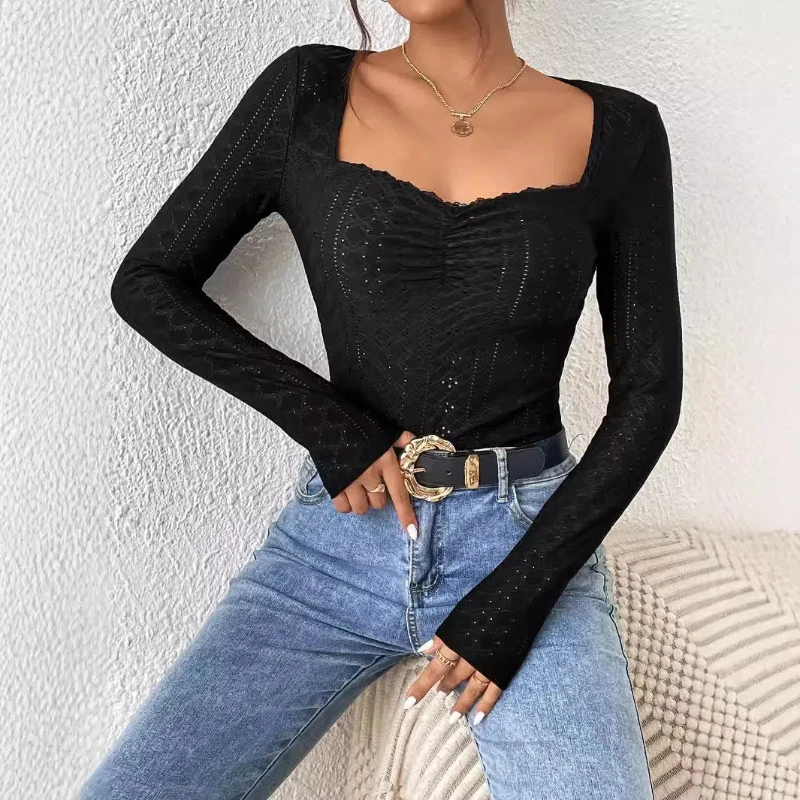 Women Fashion Simple T-Shirt Square Neck Long Sleeve Lace Trim Solid Color Top