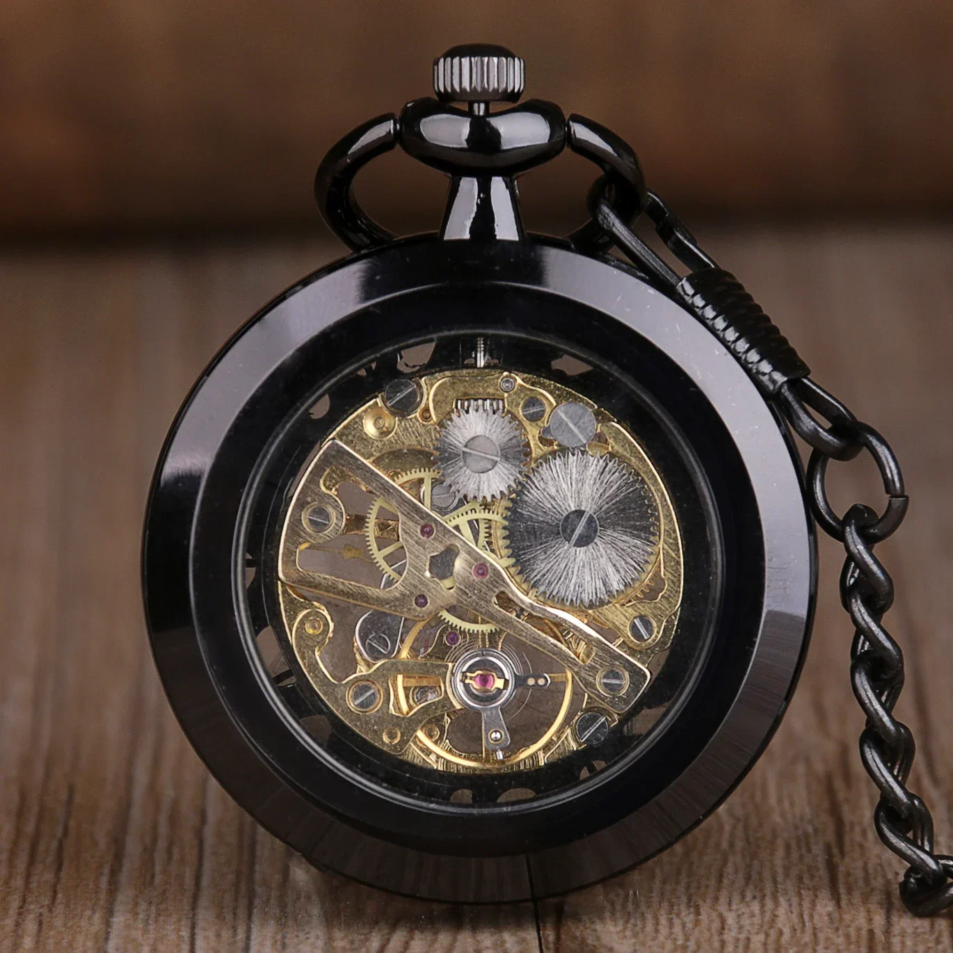 Classic Black/Silver Capless Mechanical Pocket Watch Steampunk Antique Retro Fob Watch Pendant Hand-Winding Men Women Chain Gift