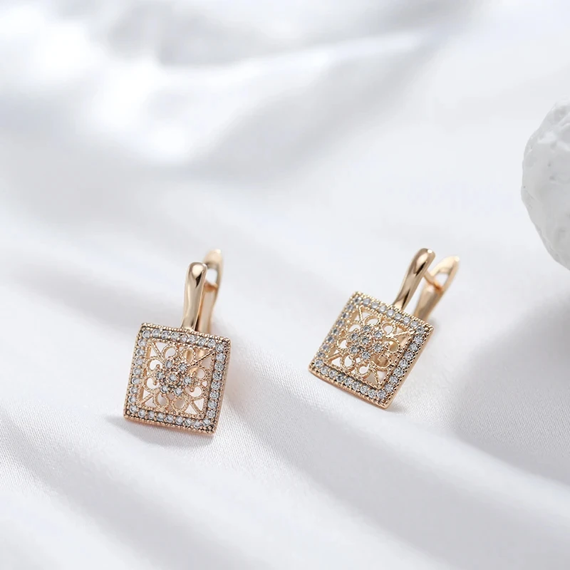 JULYDREAM Square Hollow Embossed Drop Earrings Full Zircon 585 Gold Color Women Vintage Jewelry Wedding Party Accessories