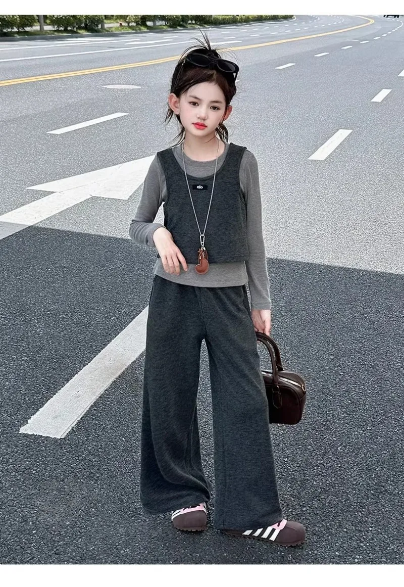 Herbst Kinder Mädchen 3-teiliges Kleidungsset UNITIM 2026 Teenager Mädchen Langarm-Weste Hosen-Outfits Junior Mädchen Weite Hosenanzüge – Detail 11