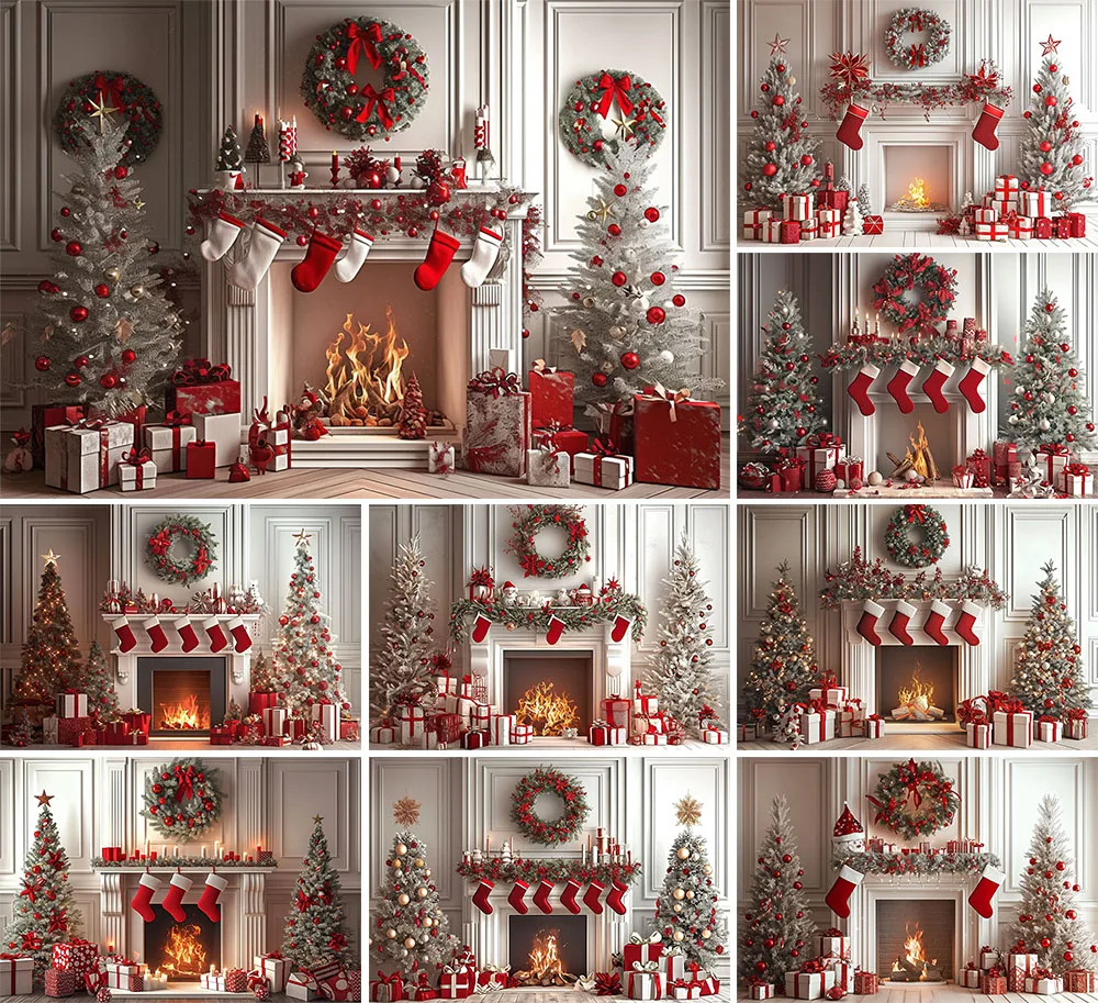 

Mehofond Elegant Christmas Fireplace Backdrop Family Holiday Party Xmas wreaths stocking trees Decoration Photography Background