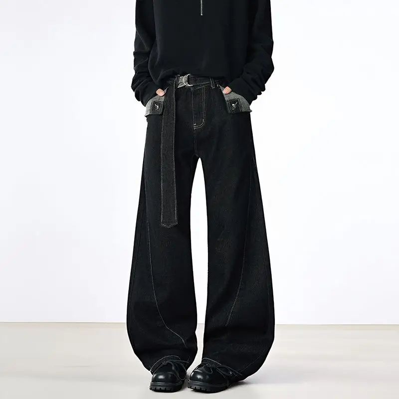 Niche Design Denim Pants Casual Plaid Design Belt Trousers New Straight Leg Contrast Color Jeans for Women