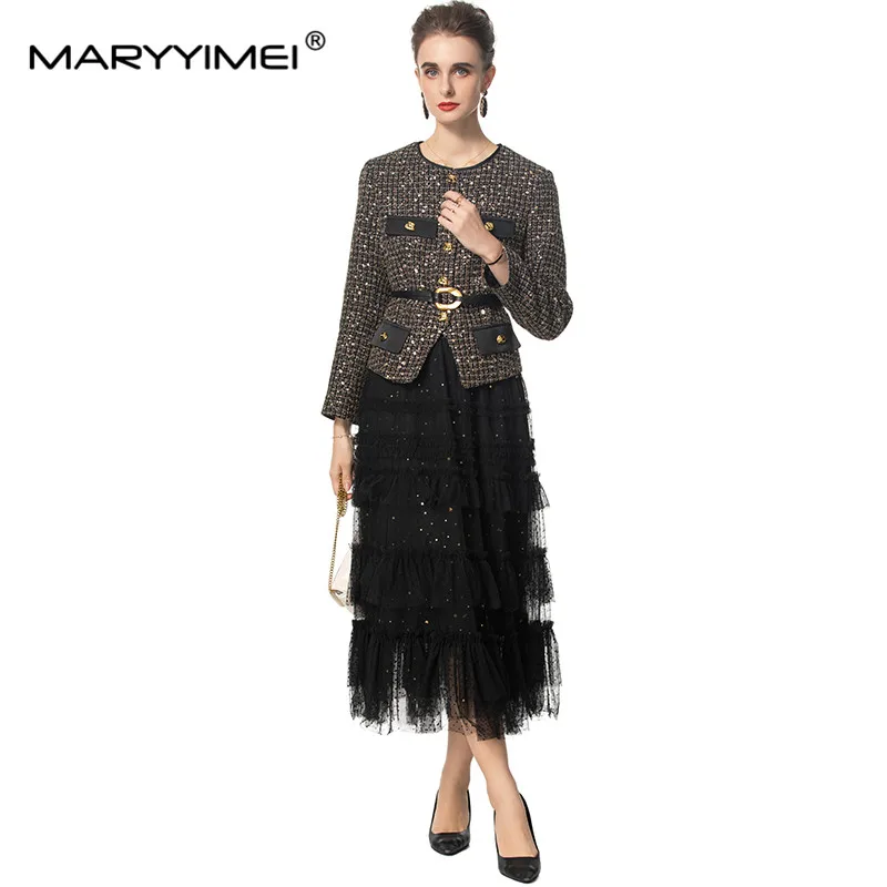 MARYYIMEI Fashion design Women\'s Suit Long-Sleeved Single-Breasted Tops+Flounced Edge Skirt Sequins 2 piece set With Belt