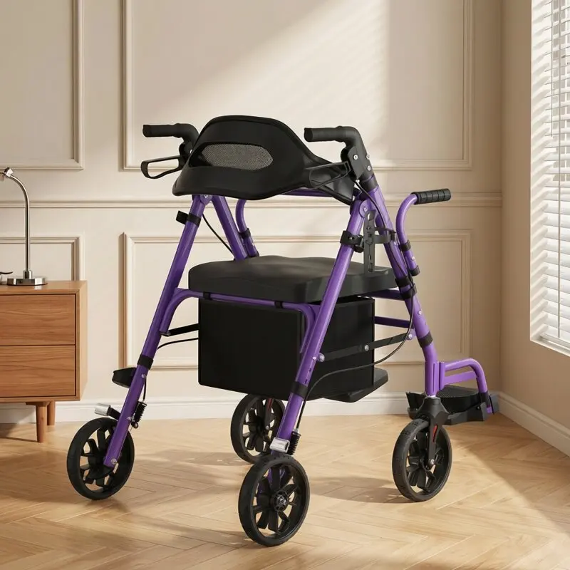 Leichter Rollator mit Sitz für Senioren, Faltbarer Rollator mit Einkaufskorb, Mobilitätshilfe mit 4 Rädern für Erwachsene