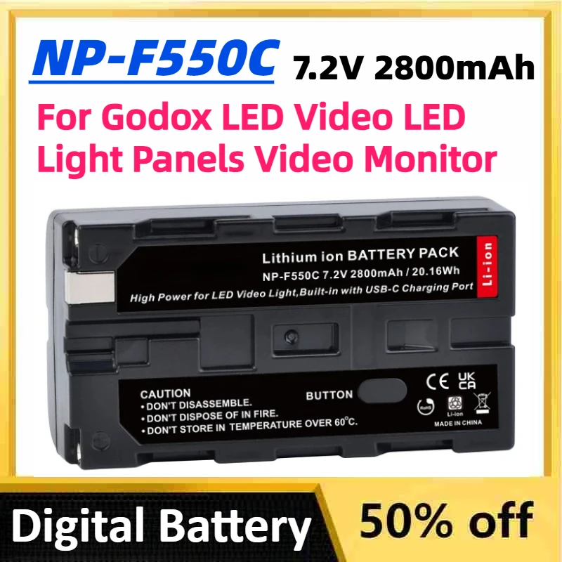 

NP-F550C NP-F550 F570 Battery 7.2V 2800mAh with USB-C Fast Charge Port for Godox LED Video Light LED Light Panels Video Monitor