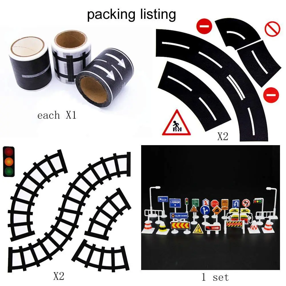 Play Road Tape for Toy Cars and Trains 3 Rolls 4.8cmx5m Straight Curve Track Traffic Signs - Kids Gifts