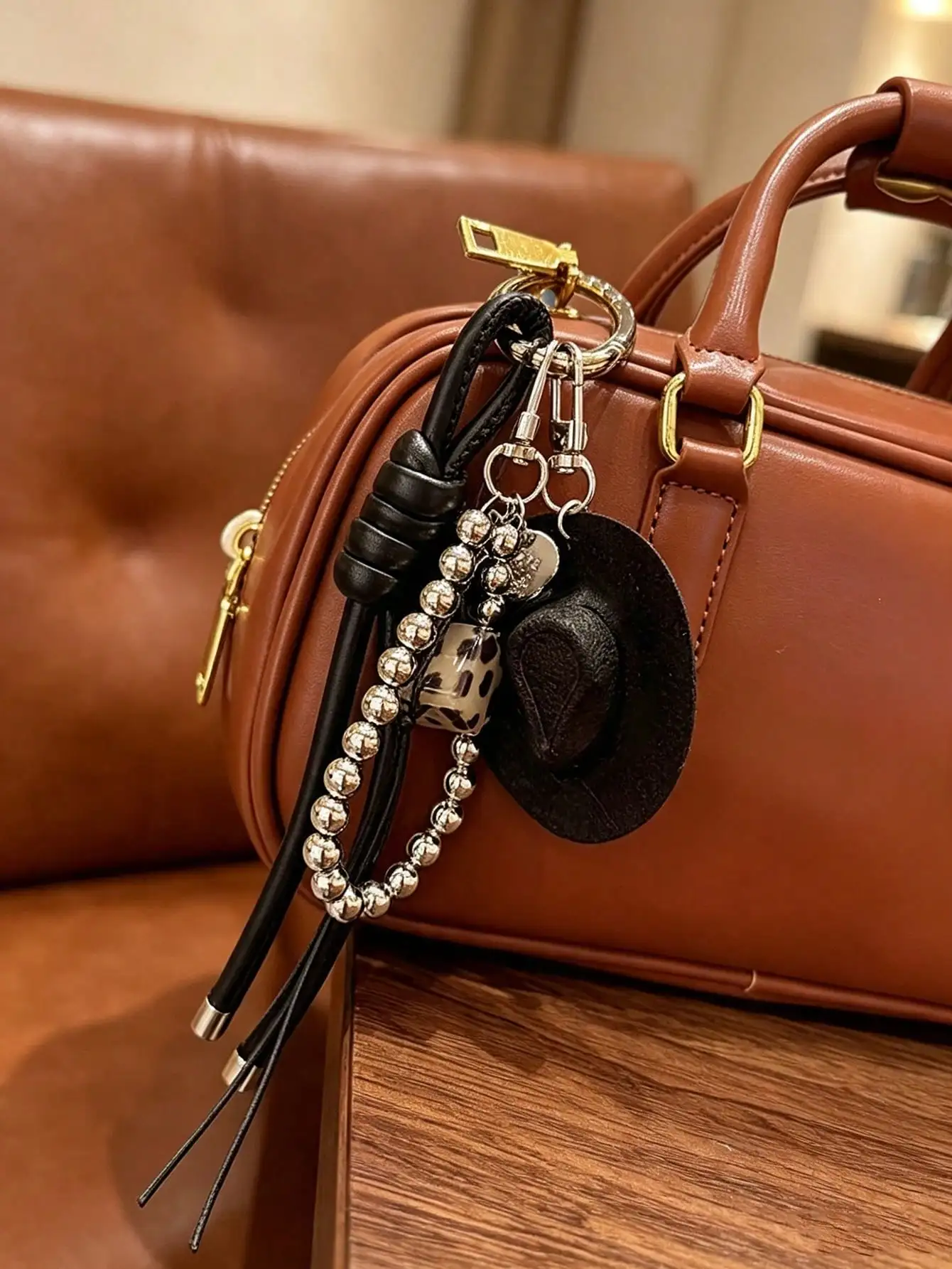Bag Charm Western Y2k Leather Cowboy Hat Keychain Pendant Handmade Braided Rope Faux Pu Charm Vintage Key Accessory For Bag