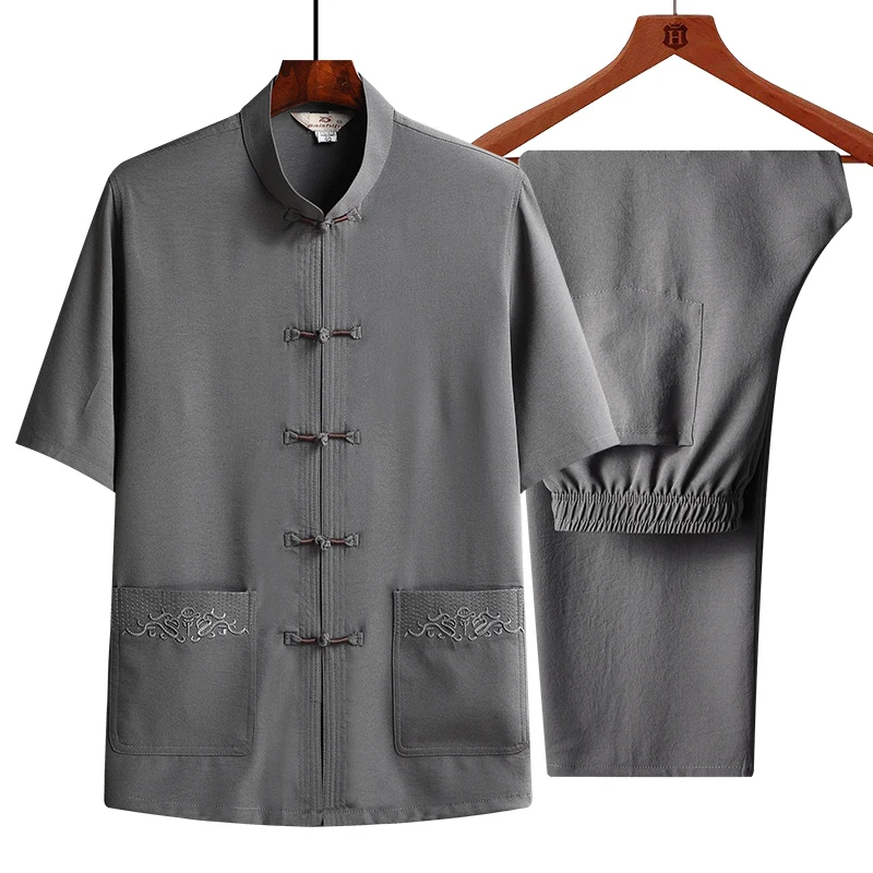 Tang Suit (Top + Pants) Old Dad Grandpa Chinese Style Embroidered Pan Buckle Hanfu Loose Men's Clothing Set
