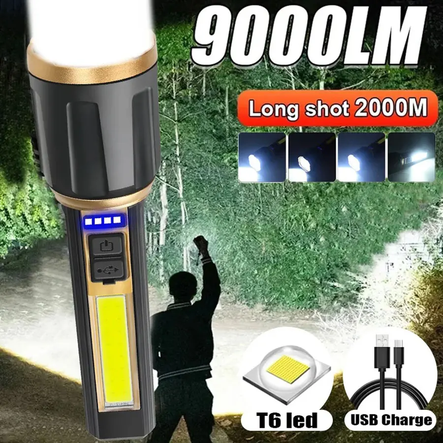 T6 LED Bright Flashlight Tactical Zoom Torch with COB Side Light Built-in Battery Rechargeable Waterproof Lamp Portable Lantern