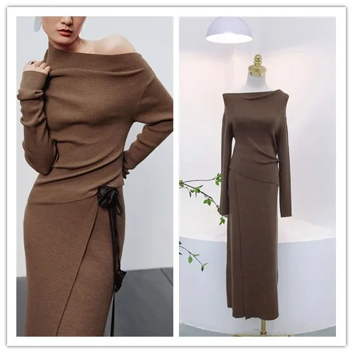 

2025 Spring Autumn Retro Cashmere One-word Collar Off-the-shoulder Irregular Top + A-word Skirt Skirt Two-piece Set