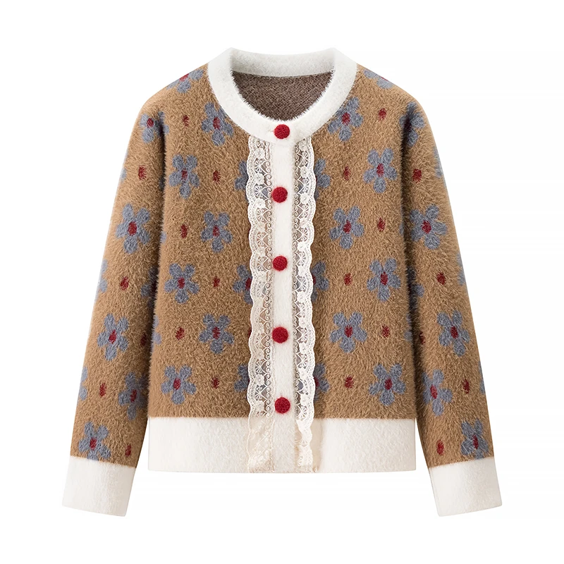 

Винтажный короткий вязаный кардиган с кружевными вставками и принтом, женский утолщенный теплый мягкий свитер, топы на осень-зиму, идеально подходит для внутренней одежды