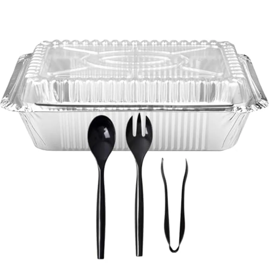 

Алюминиевые одноразовые формы глубокого размера 9 x 13 дюймов с купольными крышками и 3 предметами столовых приборов - набор из 250 штук