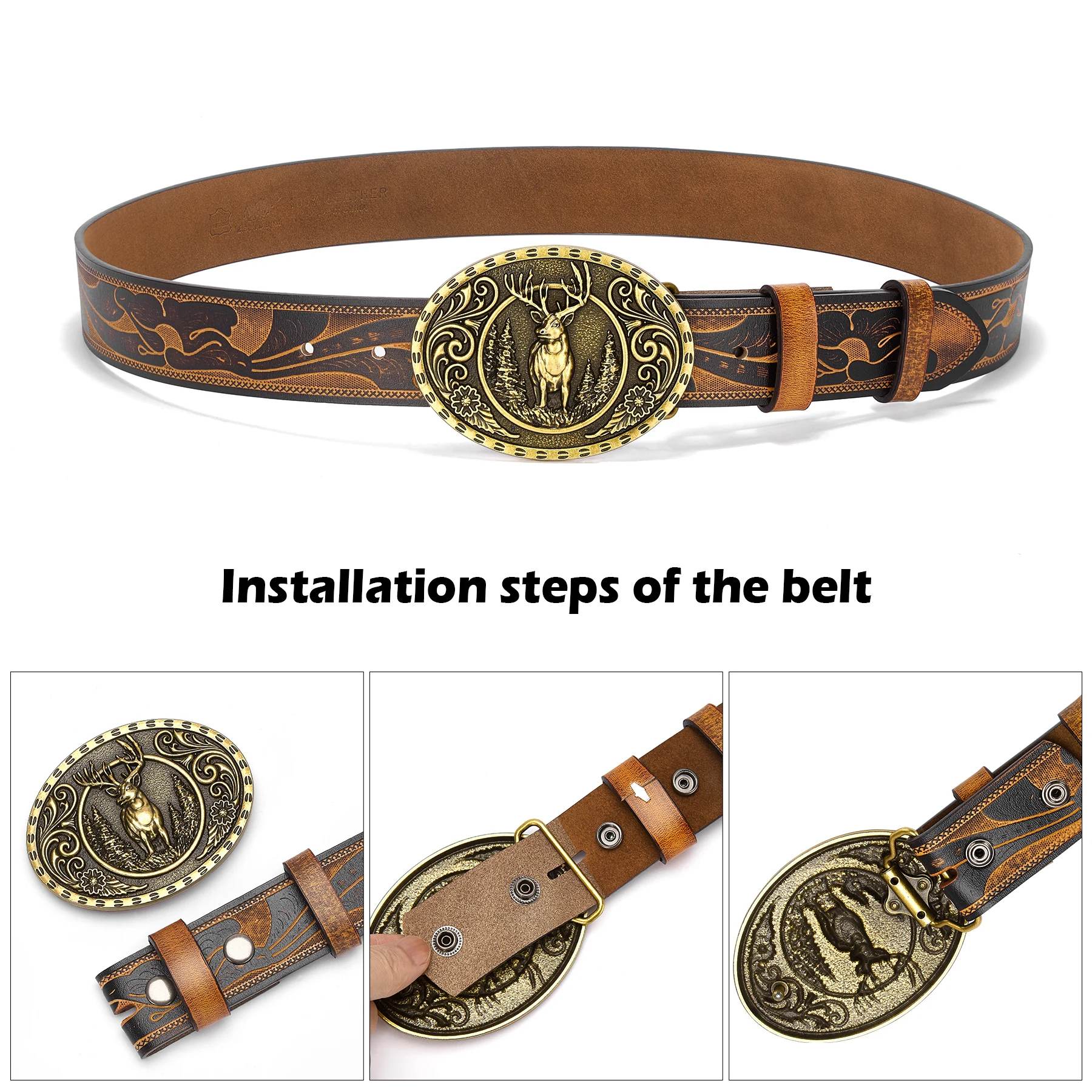 BISON DENIM Vintage Men\'s Belt Western Cowboy Carving Leather Belts with Longhorn Bull Pattern Engraved Buckles Embossed Belt