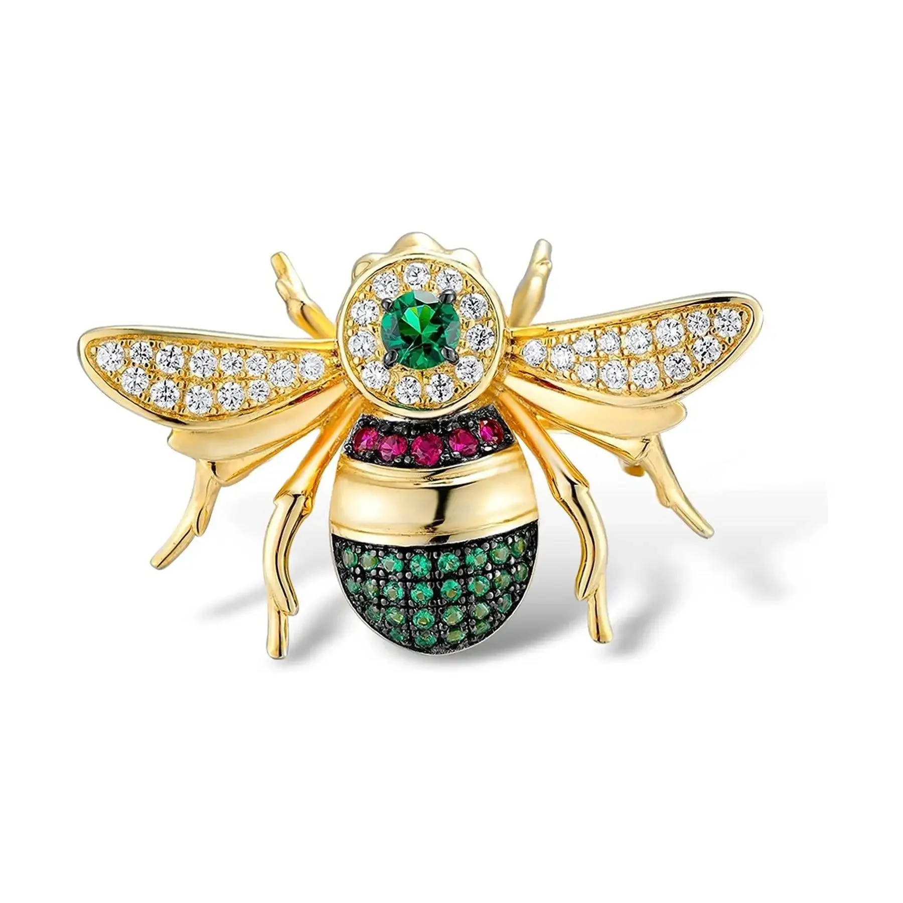 TKJ Gold Plated 925 Sterling Silver Brooch Green Zircon Bee Pin Rhinestone Brooch Fine Jewelry For Women Fashion Badge Gifts