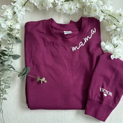 Personalized Rose Mama Sweatshirt with Kid Names on Sleeve Minimalist Neckline Sweater Mothers Day Gift New Mom Birthday Gift