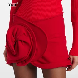 VGH Red Color Patchwork Zipper Skirt For Women Dropped Waist Asymmetrical Spliced Appliques Bodycon Mini Skirts Female Clothing