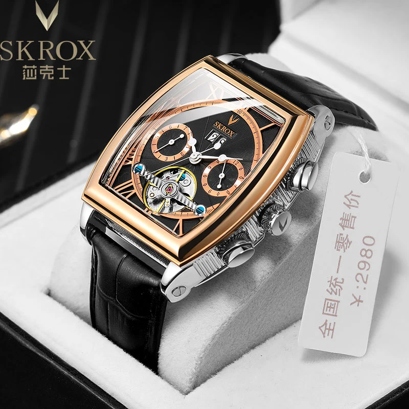 SKROX Original Tourbillon Multifunctional Date Automatic Movement Genuine Leather Men's Watch Mechanical luxury Wrist Watches