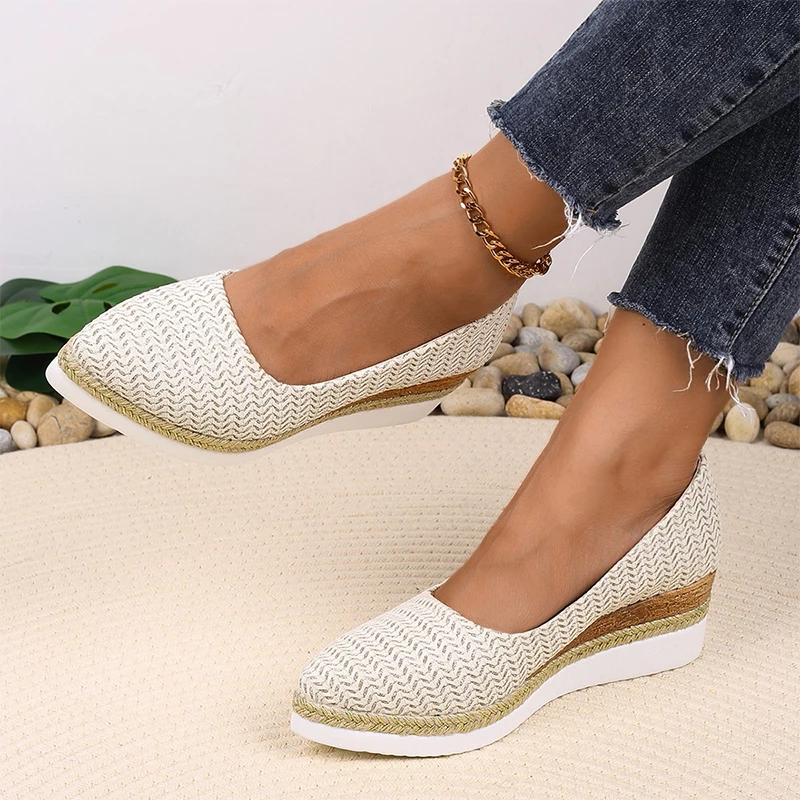 Platform Wedges Knitting Pointed Toe Women Shoes Autumn New Mid Heels Shoes Women 2024 Trend Walking Shoes Dress Mujer Zapatos