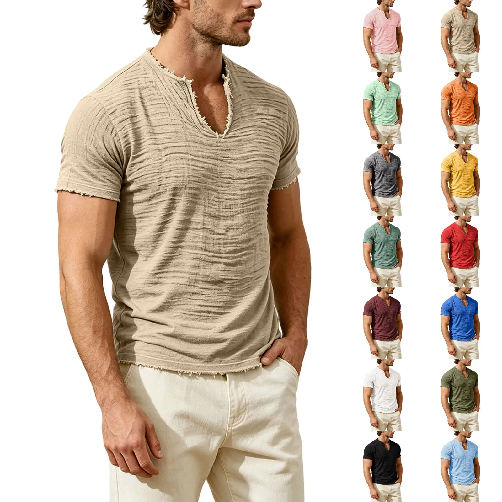 Men's 100% Cotton Vintage Fringe Solid V Neck Short Sleeve T-Shirt, Simple Soft Daily Commute Big And Tall Casual Tops