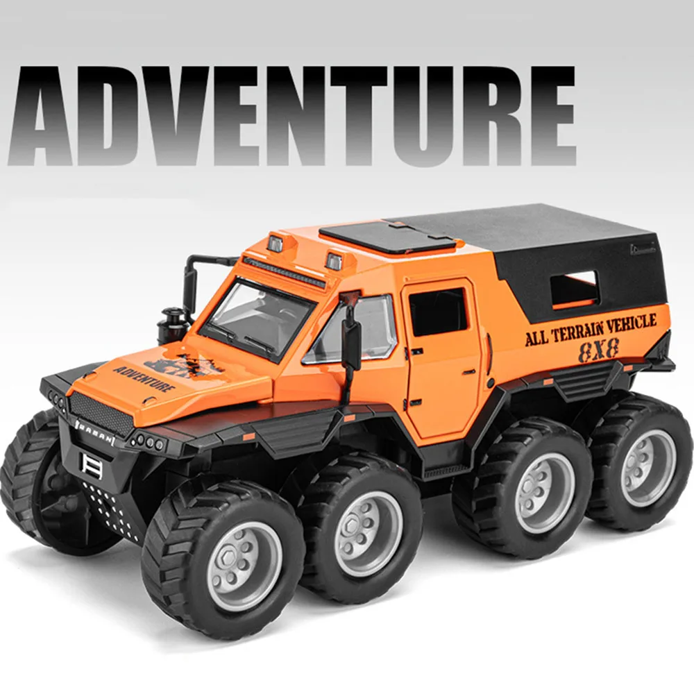 1:32 Shaman 8X8 Miniatur-Spielzeugautomodelle, Metalldruckguss, Geländewagen, Türen, geöffnet, Ton, Licht, zurückziehbares Fahrzeug, Geschenke für Jungen