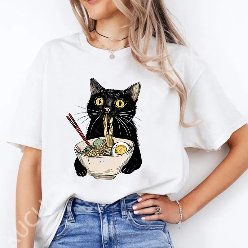 Noodle Cat Women Tees Funny Ramen Black Cat Tshirt Female Clothes Regular Short Sleeve Tops Ladies Fashion Cartoon Graphic Shirt