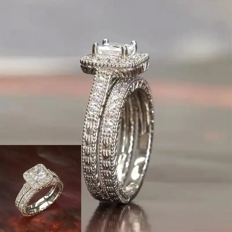 New European and American Zircon 2 Piece Versatile Stainless Steel Ring Set for Women's Luxury Dress Wedding Engagement Jewelry
