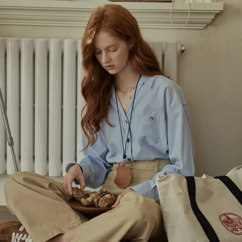 Light Blue V Neck Button Down Shirt with Chest Pocket Oversized Long Sleeve Casual Blouse for Women