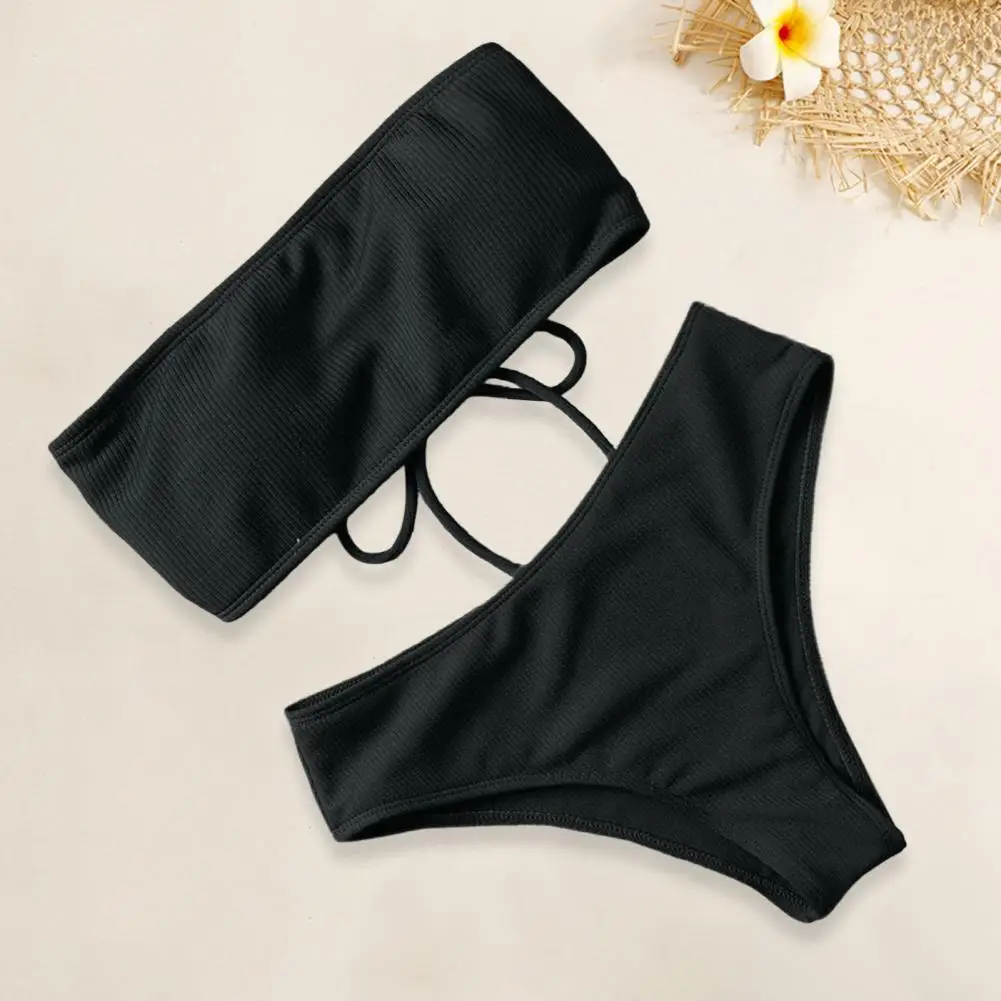 1 Set Women Monokini Swimsuit No Underwire Elastic High Waist Bathing Bandeau Swimming Trunks Split Bikini Set Beachwear