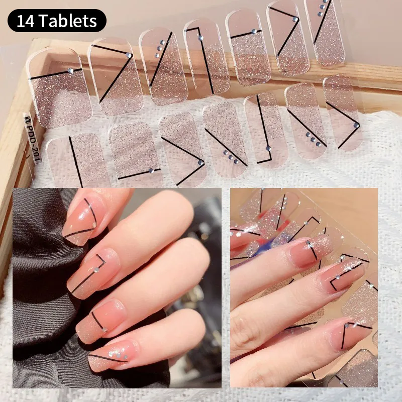 Autocollants pour ongles en gel UV 3D, 14 pièces, paillettes nude, fleurs, nickel é, document adhésif, couverture complète, lampe UV, manucure durcie