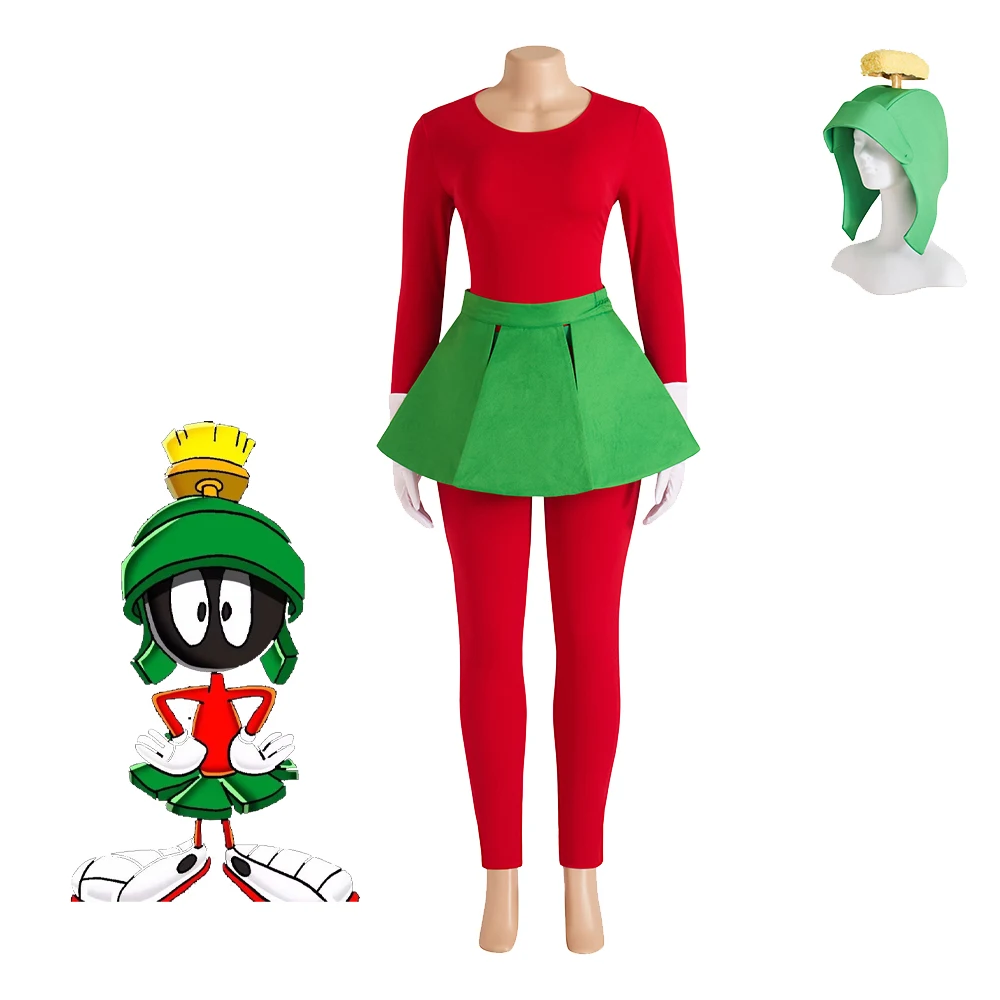 Marvin the Martian Cosplay Costume Red Top Spodnie Spódnica z kapeluszem i rękawiczkami Pełny zestaw Halloween Karnawał Cos Uniform