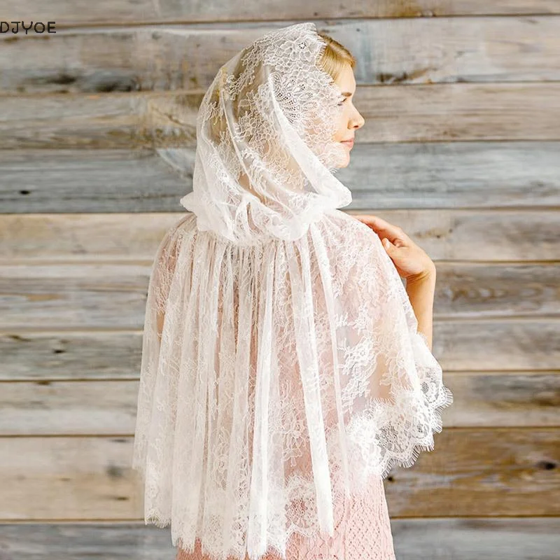

【DJyoe】Женская кружевная шаль, свадебный церковный шарф с кружевной отделкой, мягкий легкий шарф с капюшоном для горячей погоды, солнцезащитные принадлежности