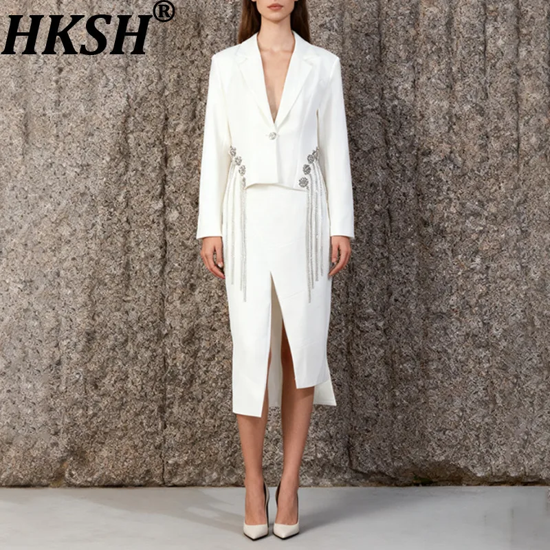 

HKSH Spring Autumn New Women's Two-piece Suit Set Studded Diamonds Tassel Blazer Solid Color Split Skirt Elegant Fashion HK15184