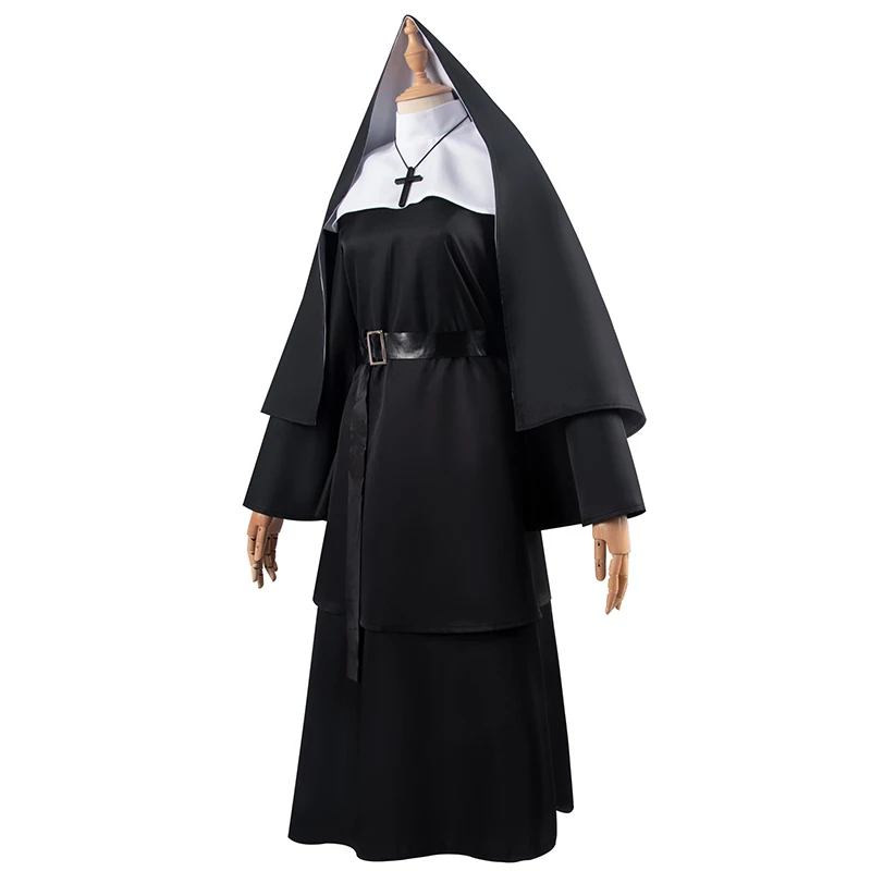 Nun Sister Habit Costume Halloween Women Christian Missionary Catholic Cosplay Balck Long Dress